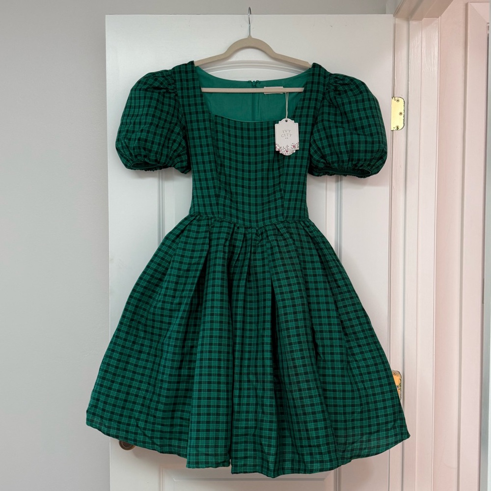 Ivy City Co Cupcake Dress in Bright Green Plaid